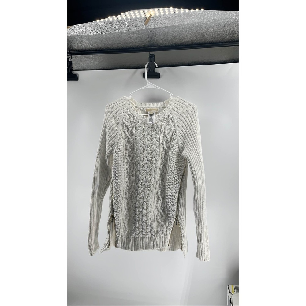 Michael Kors Women's White Cable Knit Pullover Sweater‎ Side Zip Gold M
